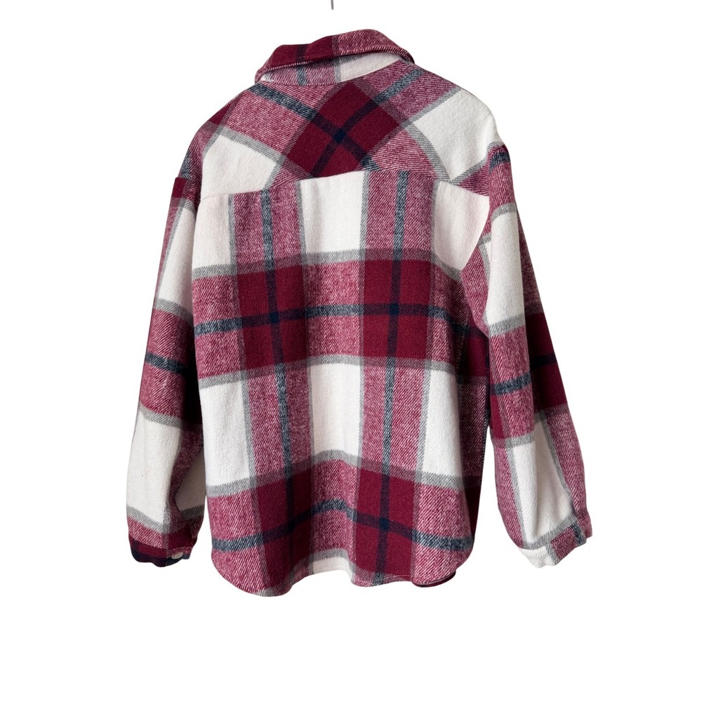 Womens Burgundy Plaid Button Down Shacket Oversized Flannel Jacket Cabincore M - Picture 4 of 7